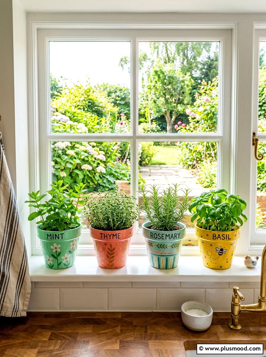 Painted flower pots - 25 summer kitchen window decor ideas