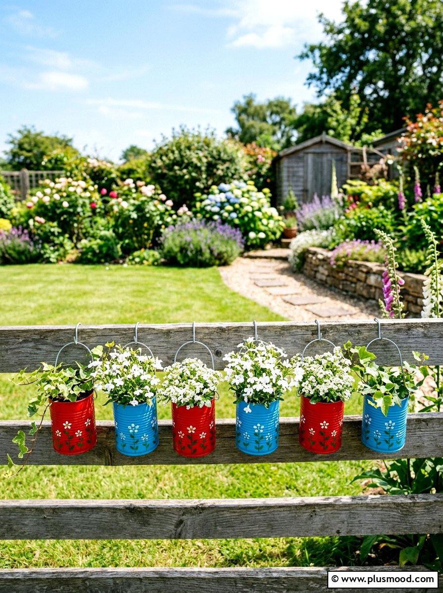 Painted tin can hanging pots - 25 small backyard ideas with hanging plants