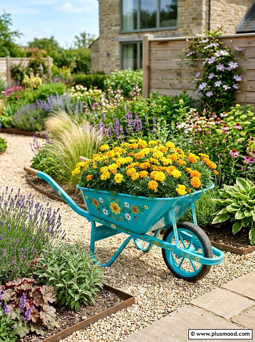 Painted wheelbarrow garden feature - 25 outdoor garden decor ideas with wheelbarrow planter