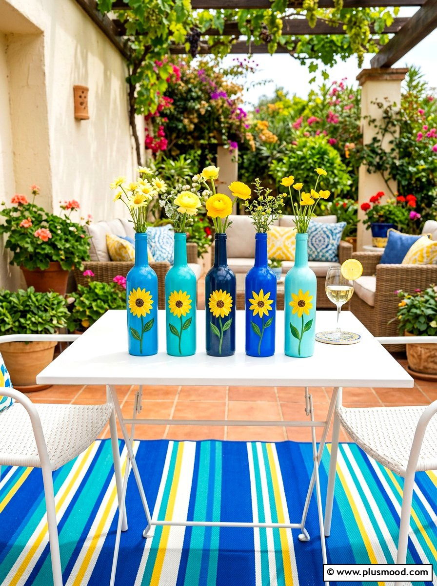 Painted wine bottle bud vases - 25 summer patio centerpiece ideas