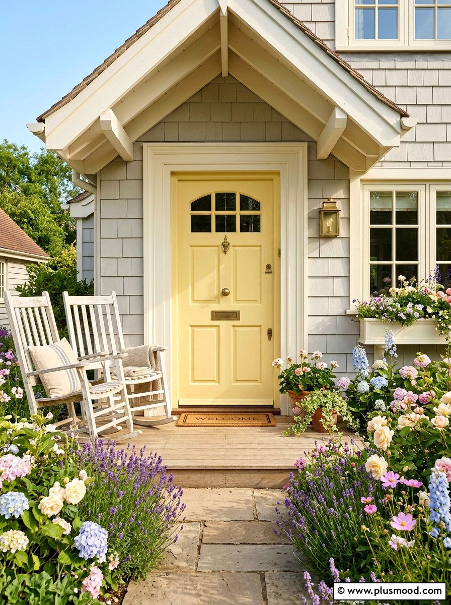Pale buttercup yellow front door - 25 summer yellow front door ideas
