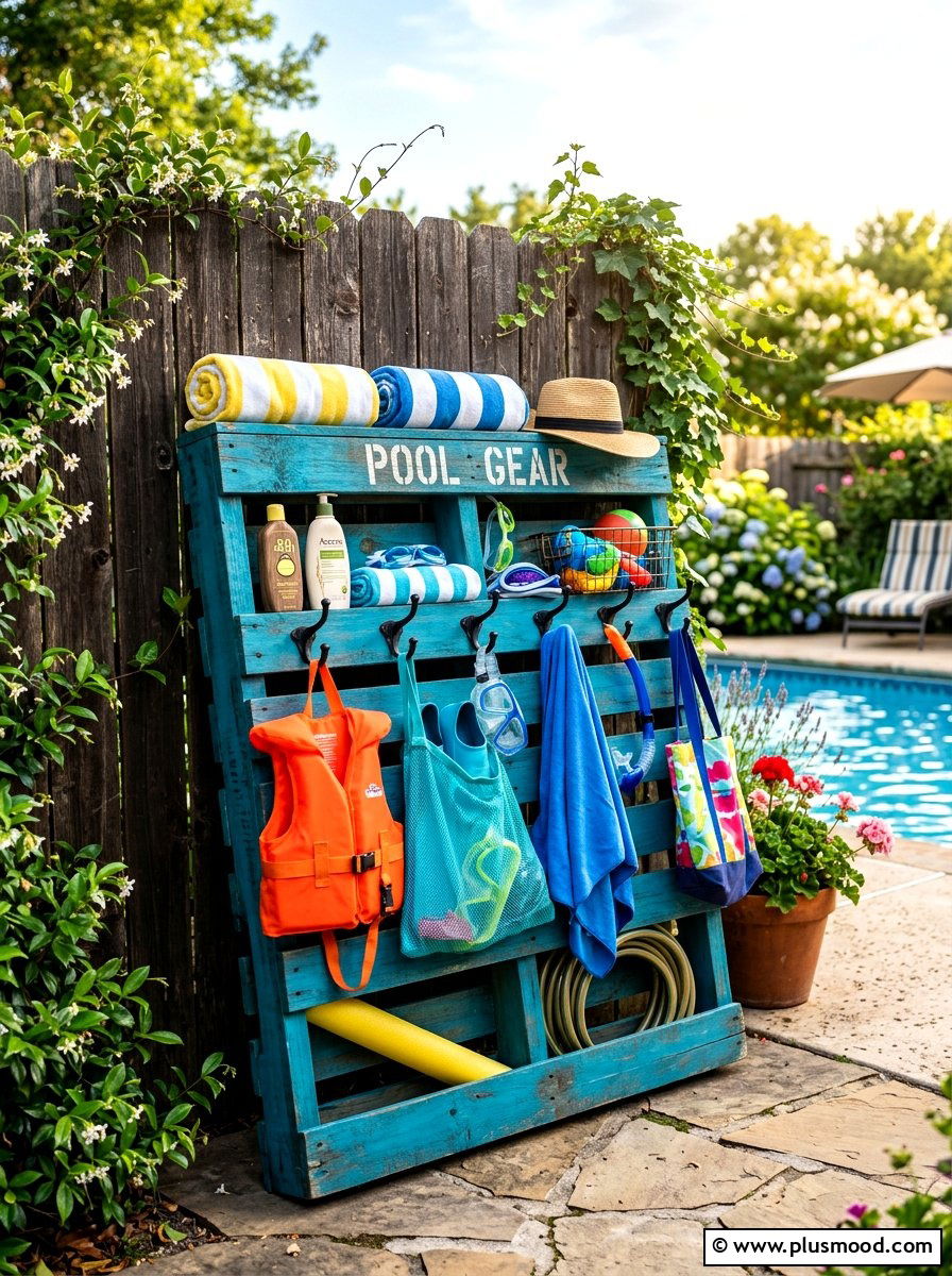 Pallet Pool Organizer - 25 summer pool storage ideas