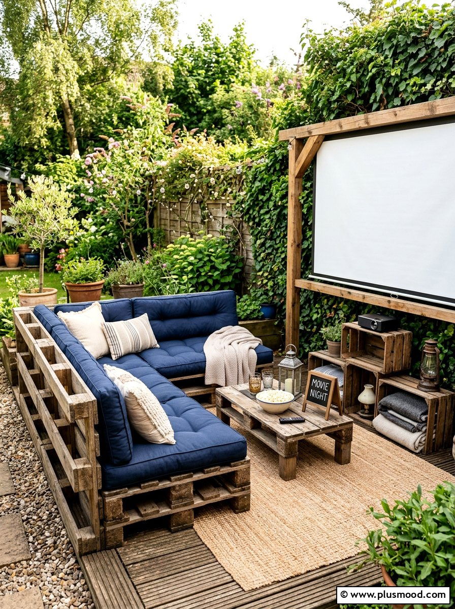 Pallet Sofa Movie Corner - 25 small backyard ideas with movie screen