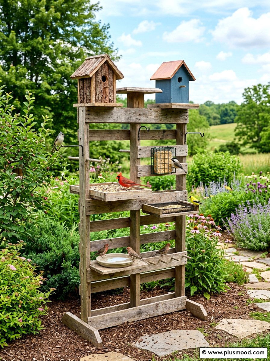 Pallet bird feeder stand - 25 outdoor garden decor ideas with wooden pallets