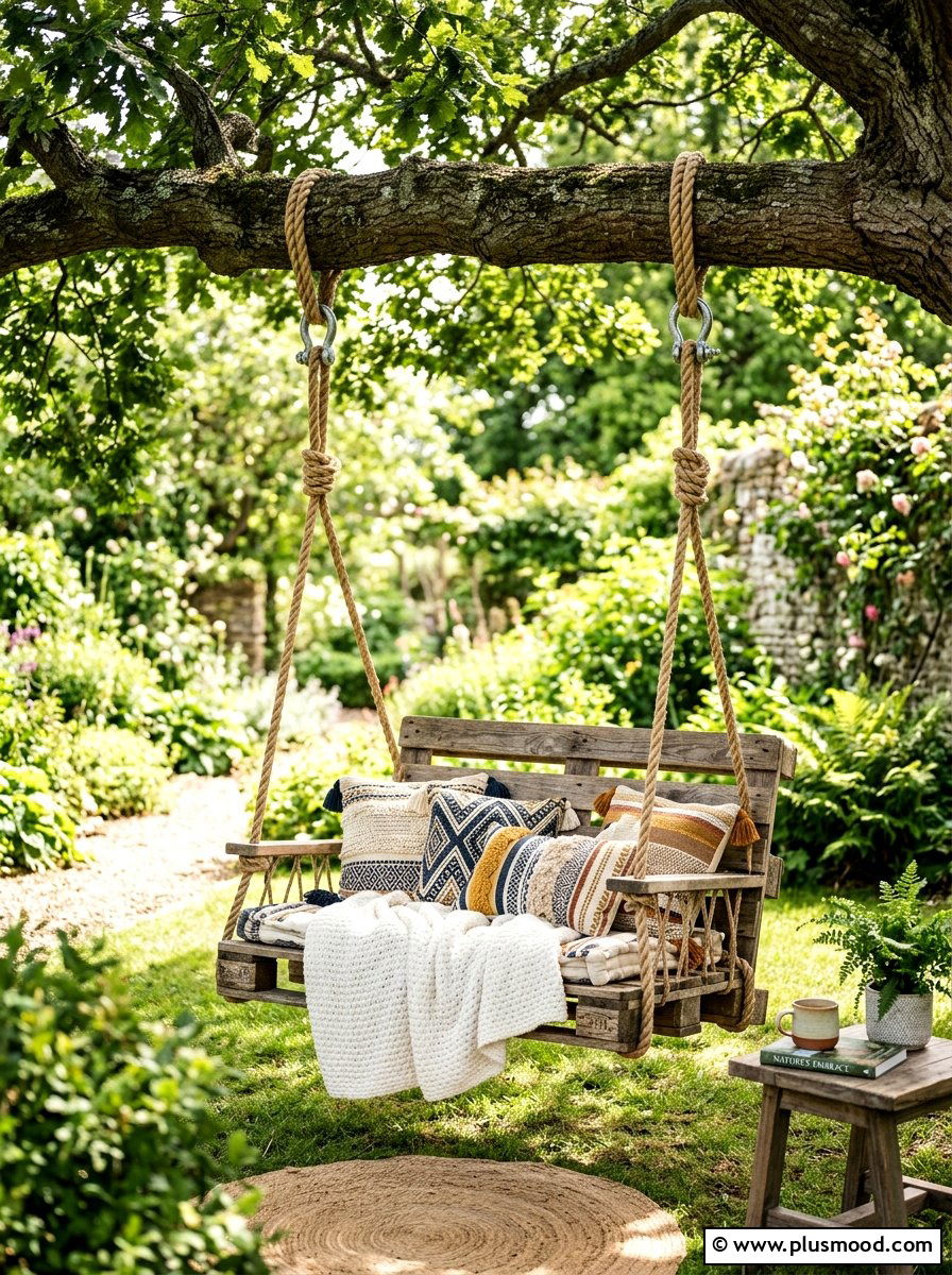 Pallet hanging chair - 25 outdoor garden decor ideas with wooden pallets