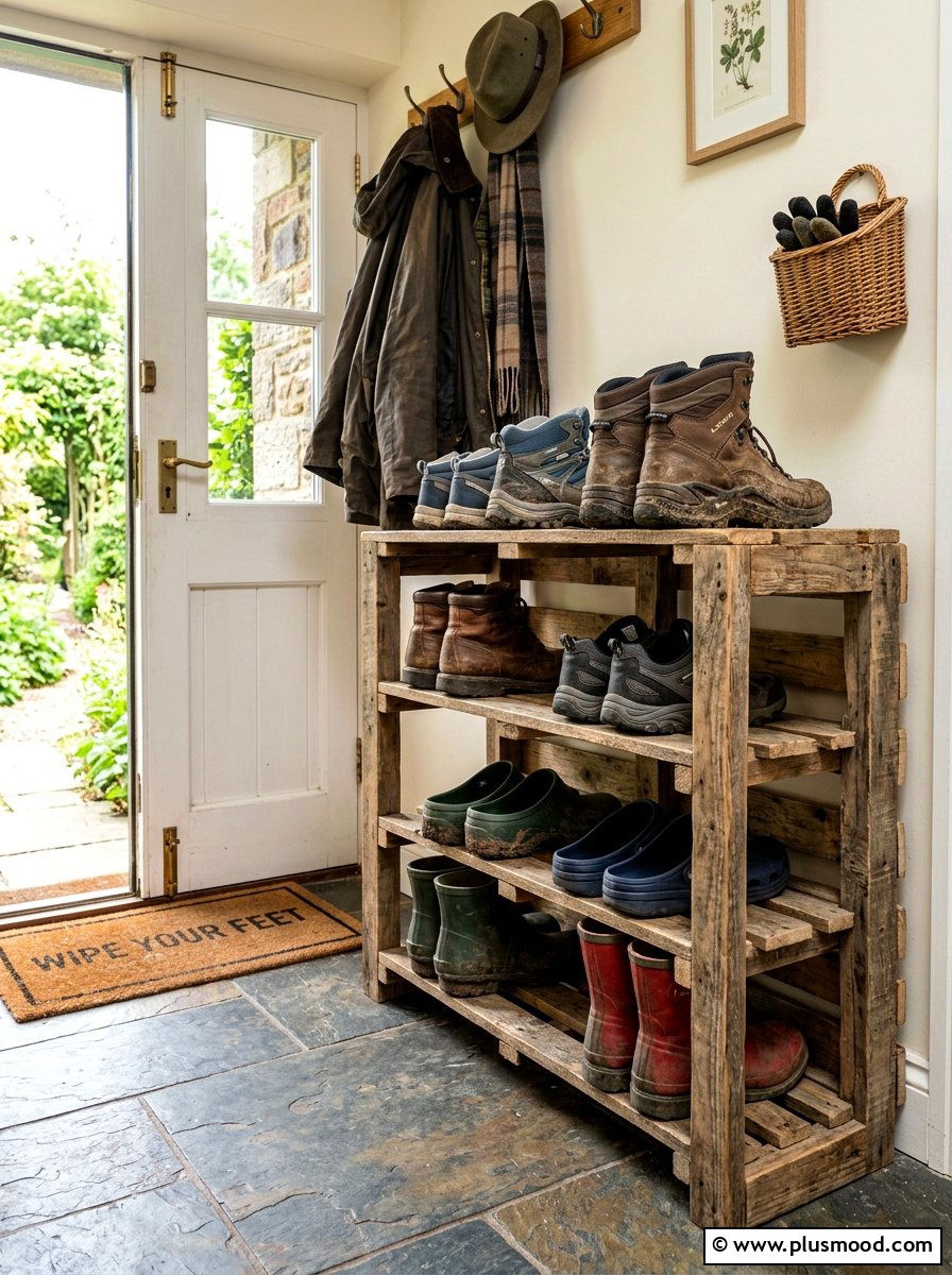 Pallet shoe rack - 25 outdoor garden decor ideas with wooden pallets