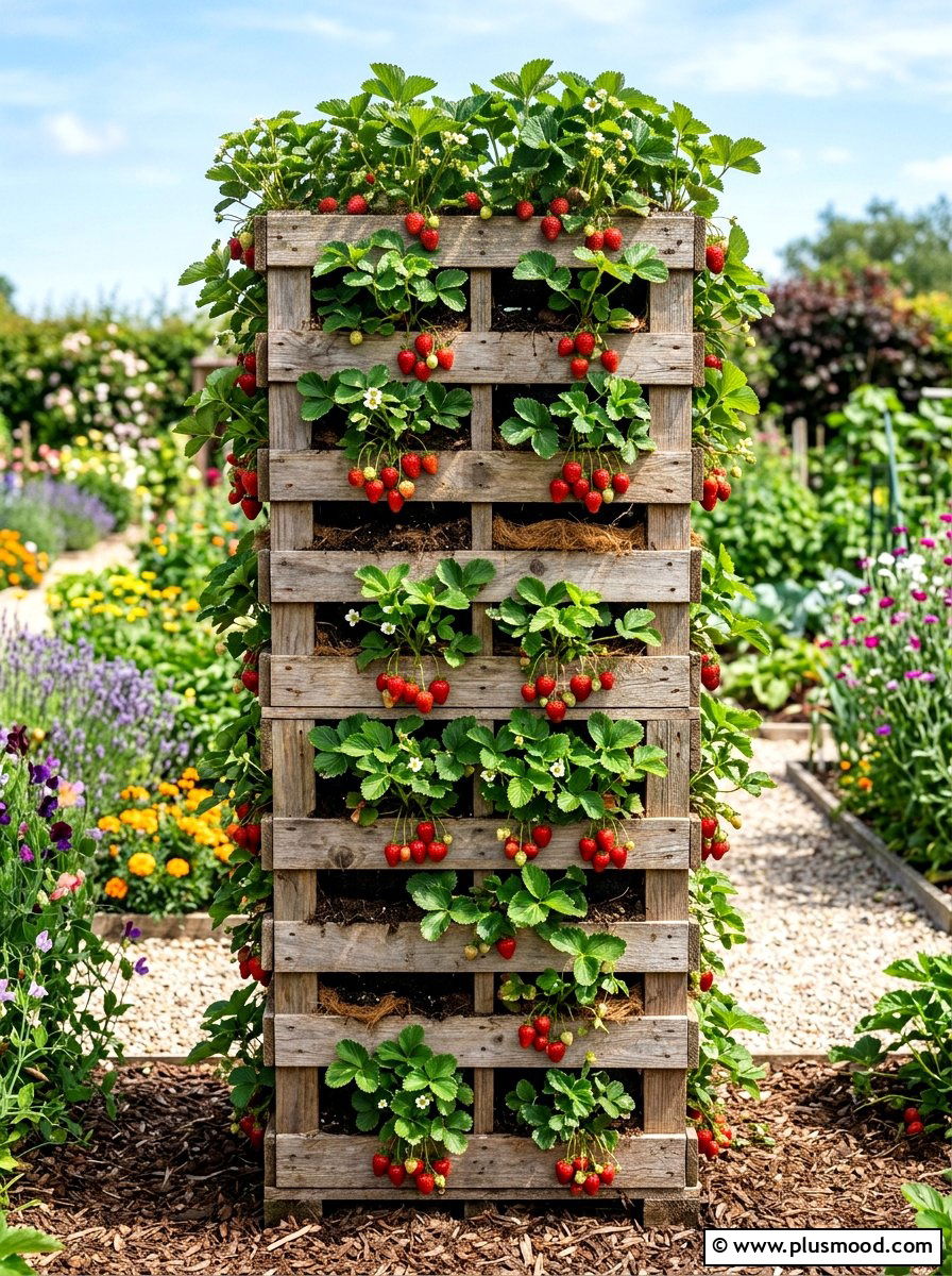 Pallet strawberry tower - 25 outdoor garden decor ideas with wooden pallets