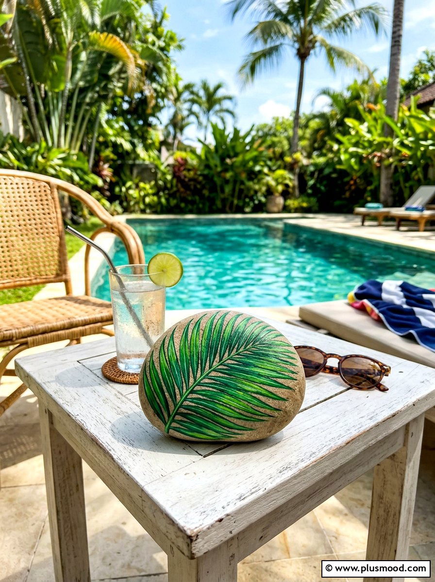 Palm Leaf Painted Rock - 25 painted rock ideas with nature prints