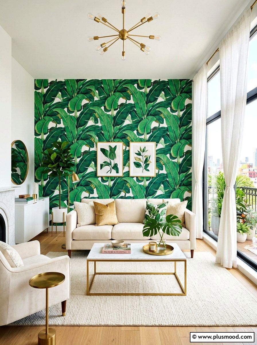 Palm Leaf Wallpaper - 25 summer tropical living room ideas