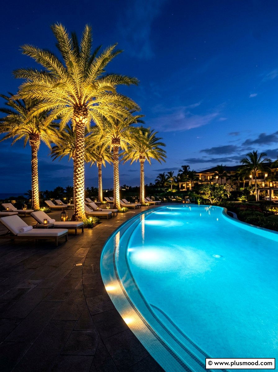 Palm tree pool lighting - 25 pool landscaping ideas with tropical plants