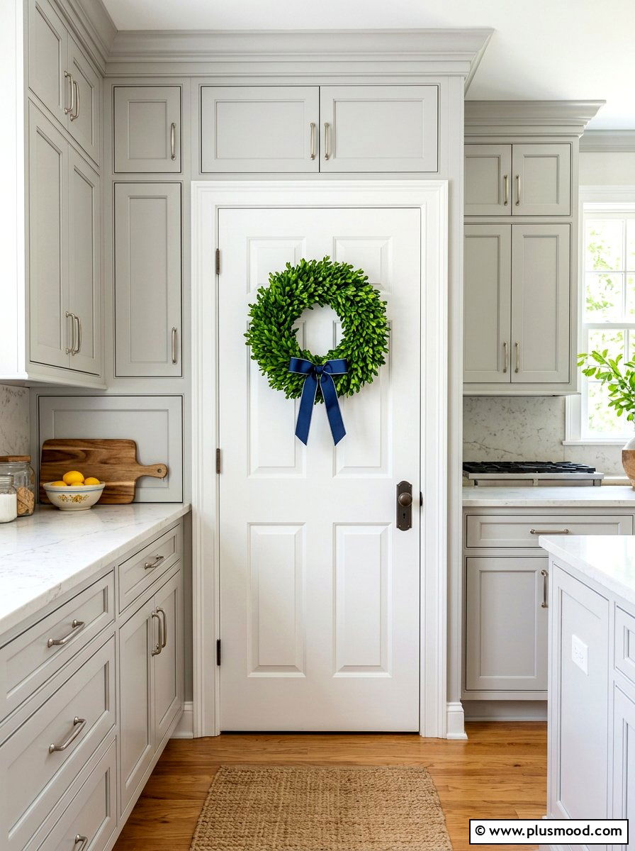 Pantry door boxwood wreath - 25 summer greenery kitchen decor ideas