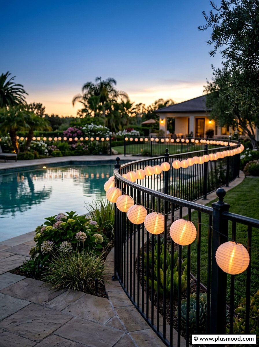 Paper lantern string lights pool fence - 25 summer pool fence decor ideas