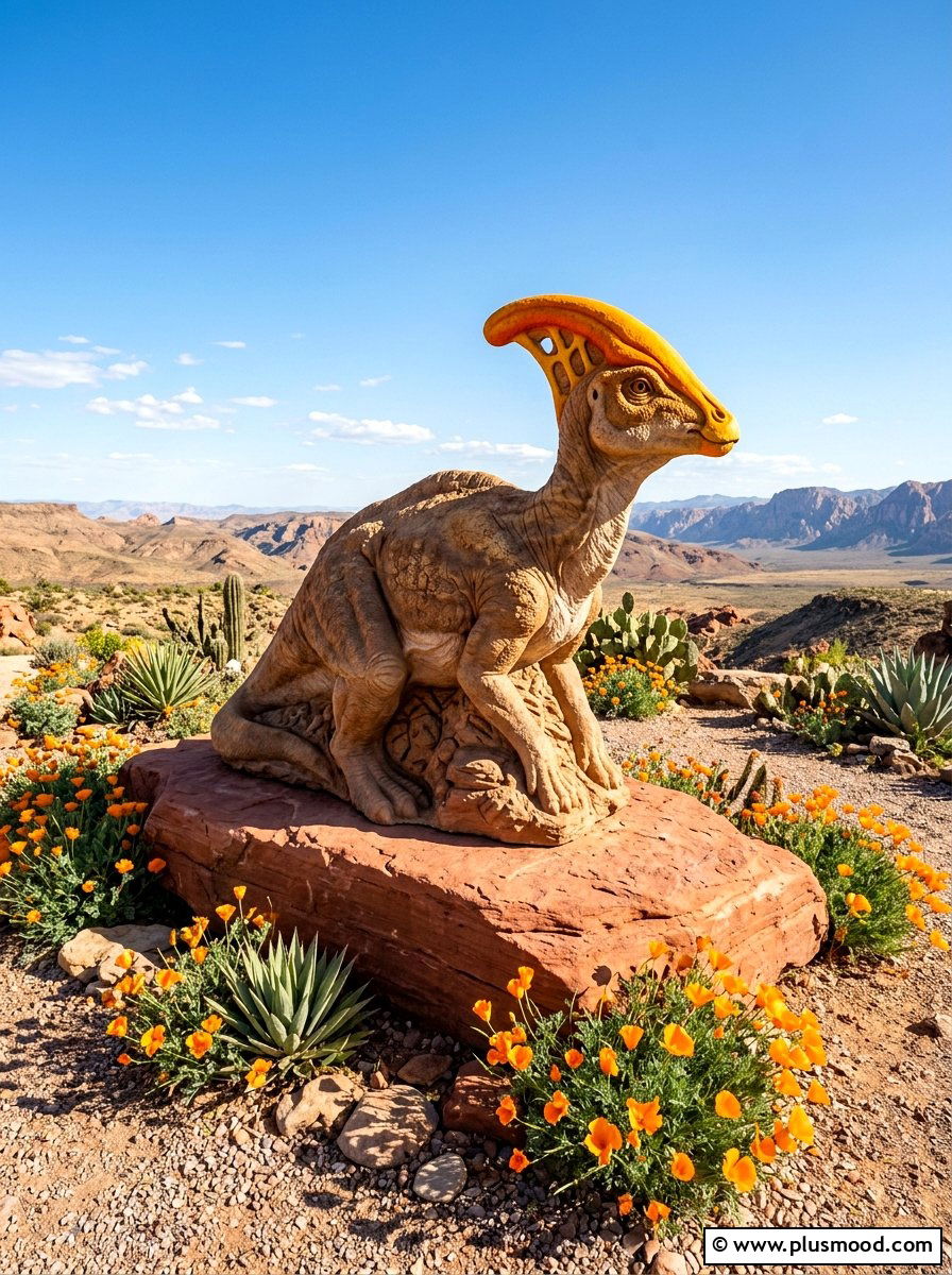 Parasaurolophus with bright crest - 25 painted rock ideas with dinosaur art