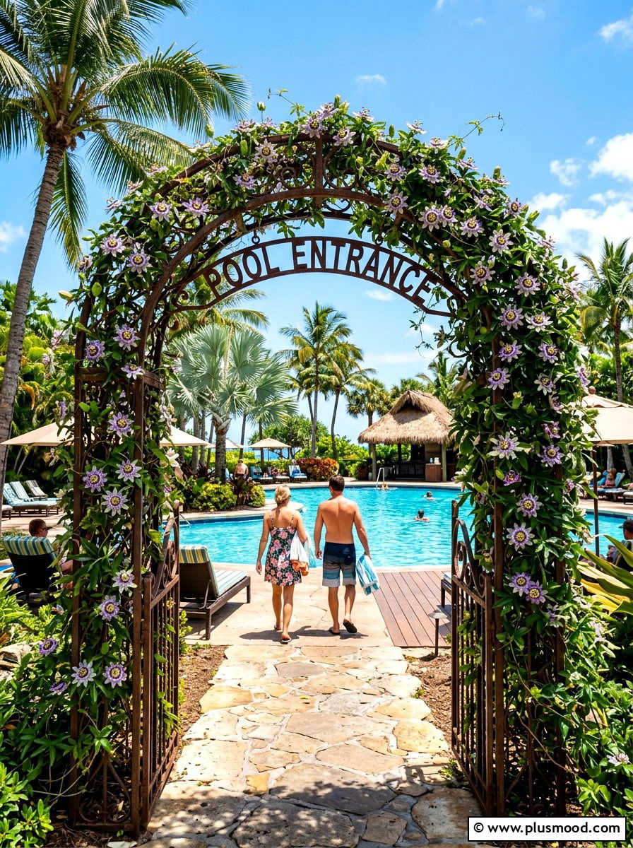 Passionflower Poolside Metal Arch - 25 pool landscaping ideas with climbing plants