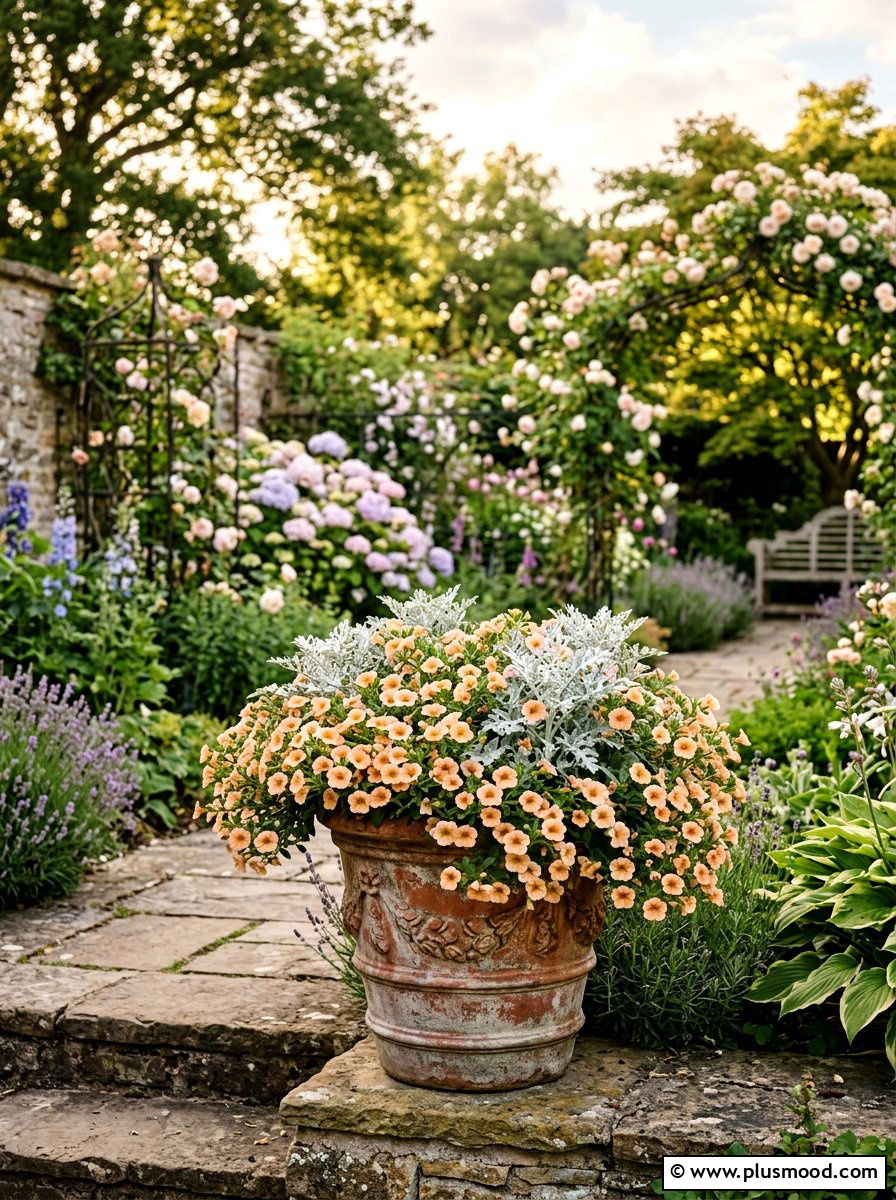 Pastel Calibrachoa And Dusty Miller Arrangement - 25 summer planters with calibrachoa ideas