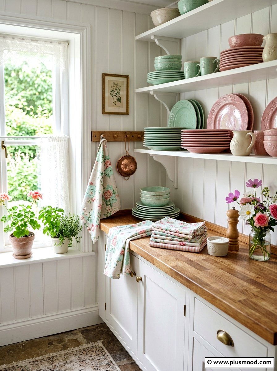 Pastel Stoneware Plates - 25 summer kitchen shelf decor ideas