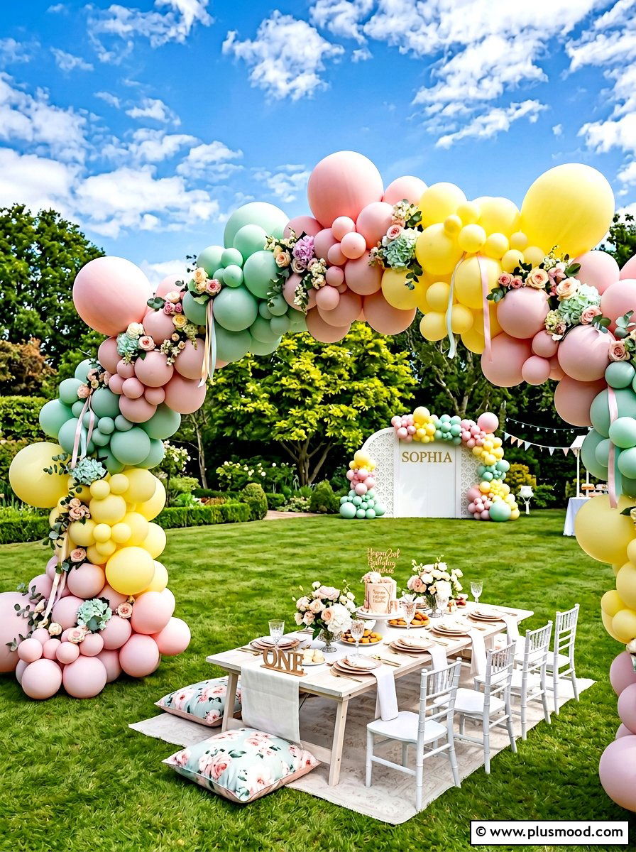 Pastel balloon arch party - 25 summer backyard picnic ideas