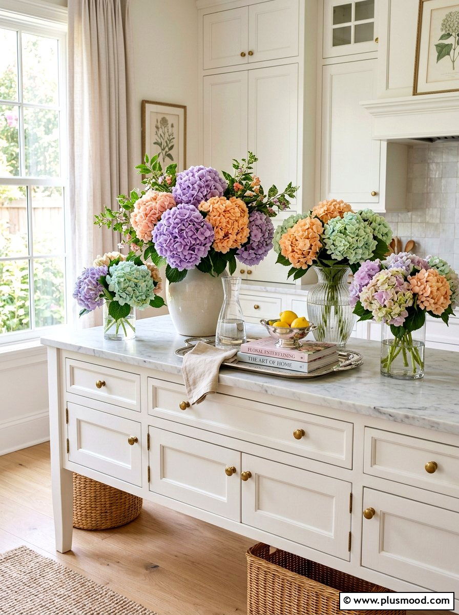 Pastel hydrangea kitchen sideboard styling - 25 summer kitchen decor ideas with hydrangeas