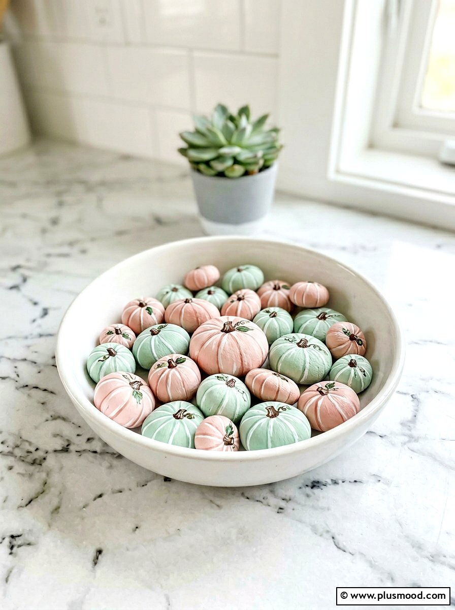 Pastel painted pumpkin rock - 25 painted rock ideas with pumpkin art