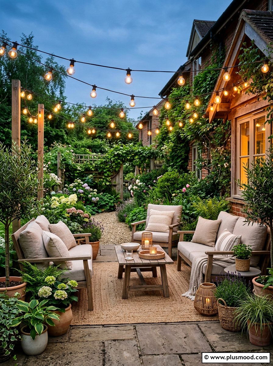 Patio String Lights - 25 small backyard ideas with outdoor lighting