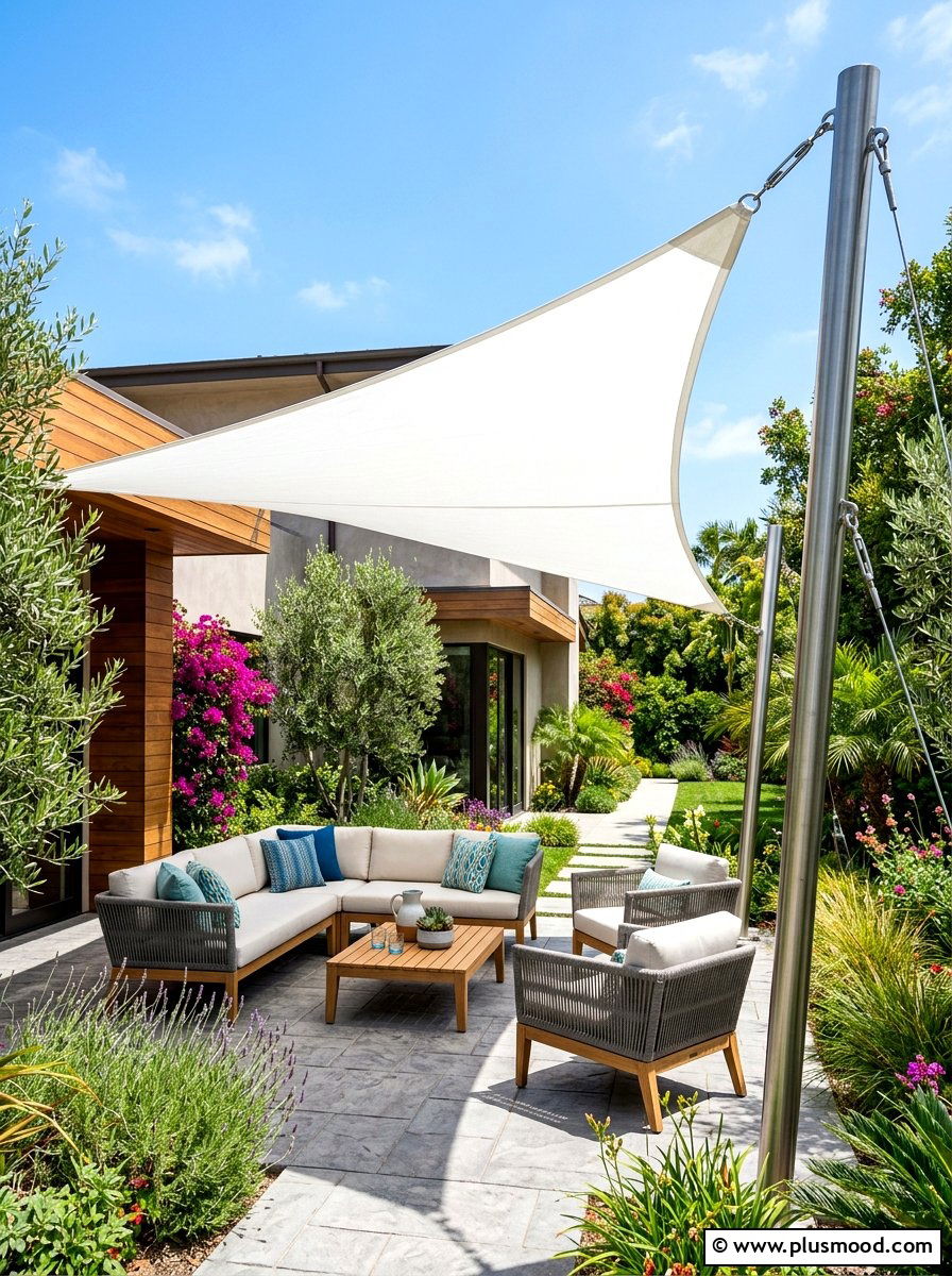 Patio shade sail - 25 summer hot weather landscaping ideas