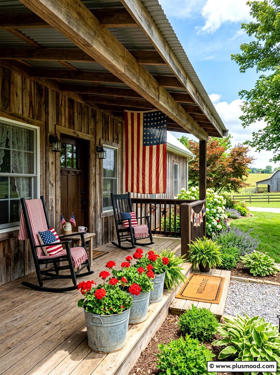 Patriotic Farmhouse Porch - 25 summer front porch decor ideas with flags
