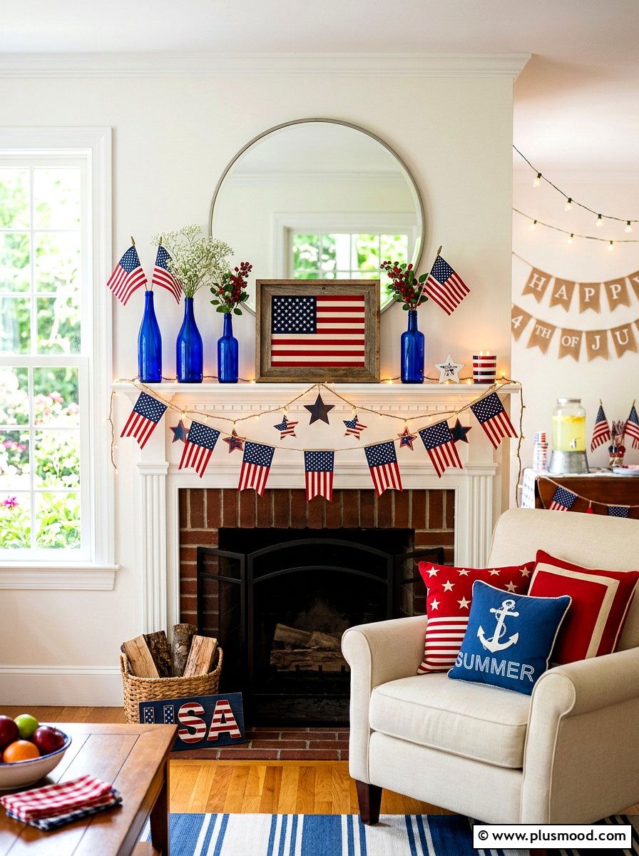 Patriotic Red White Blue Mantel - 25 summer mantel decor ideas