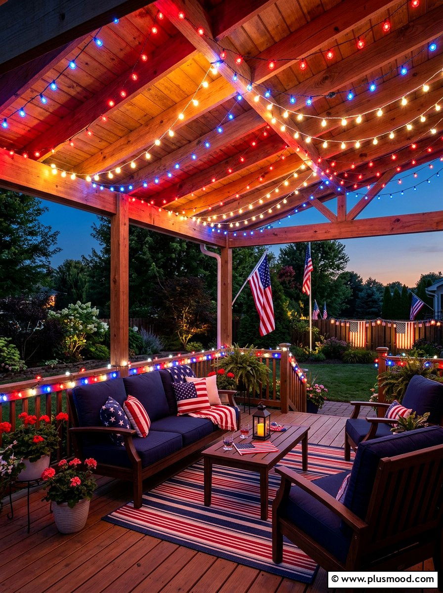 Patriotic String Lights - 25 summer front porch decor ideas with flags