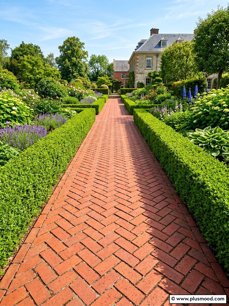 Patterned Herringbone Brick Walkway - 25 summer garden pathway ideas