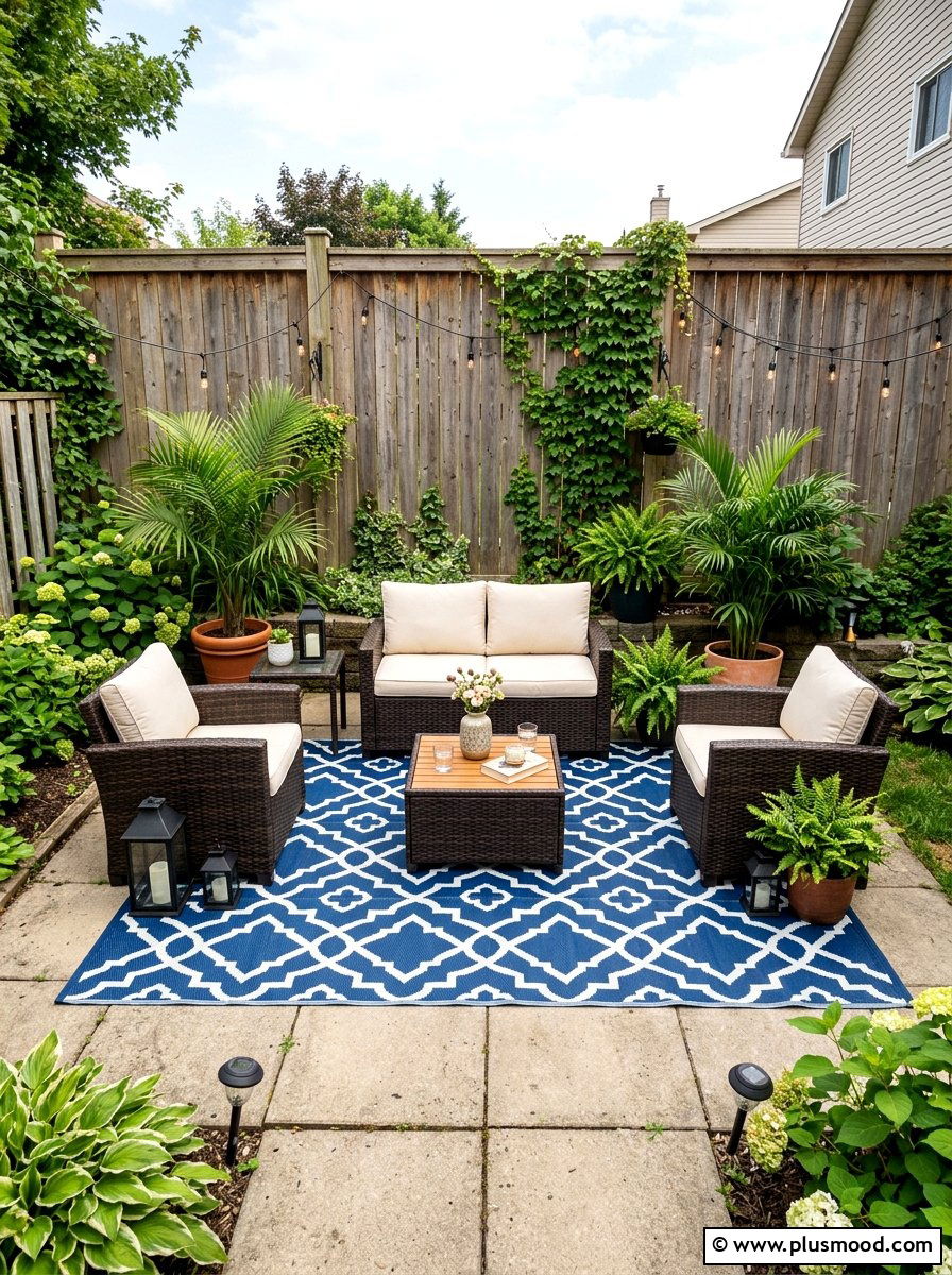 Patterned Outdoor Rug - 25 small backyard ideas for apartments with fence