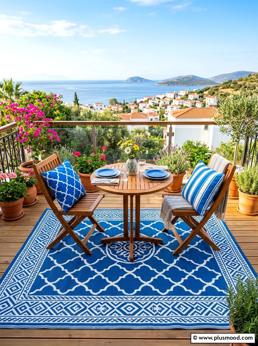 Patterned Outdoor Rug - 25 summer balcony breakfast nook ideas