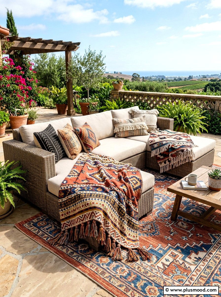 Patterned Outdoor Throw Blankets - 25 summer boho patio ideas