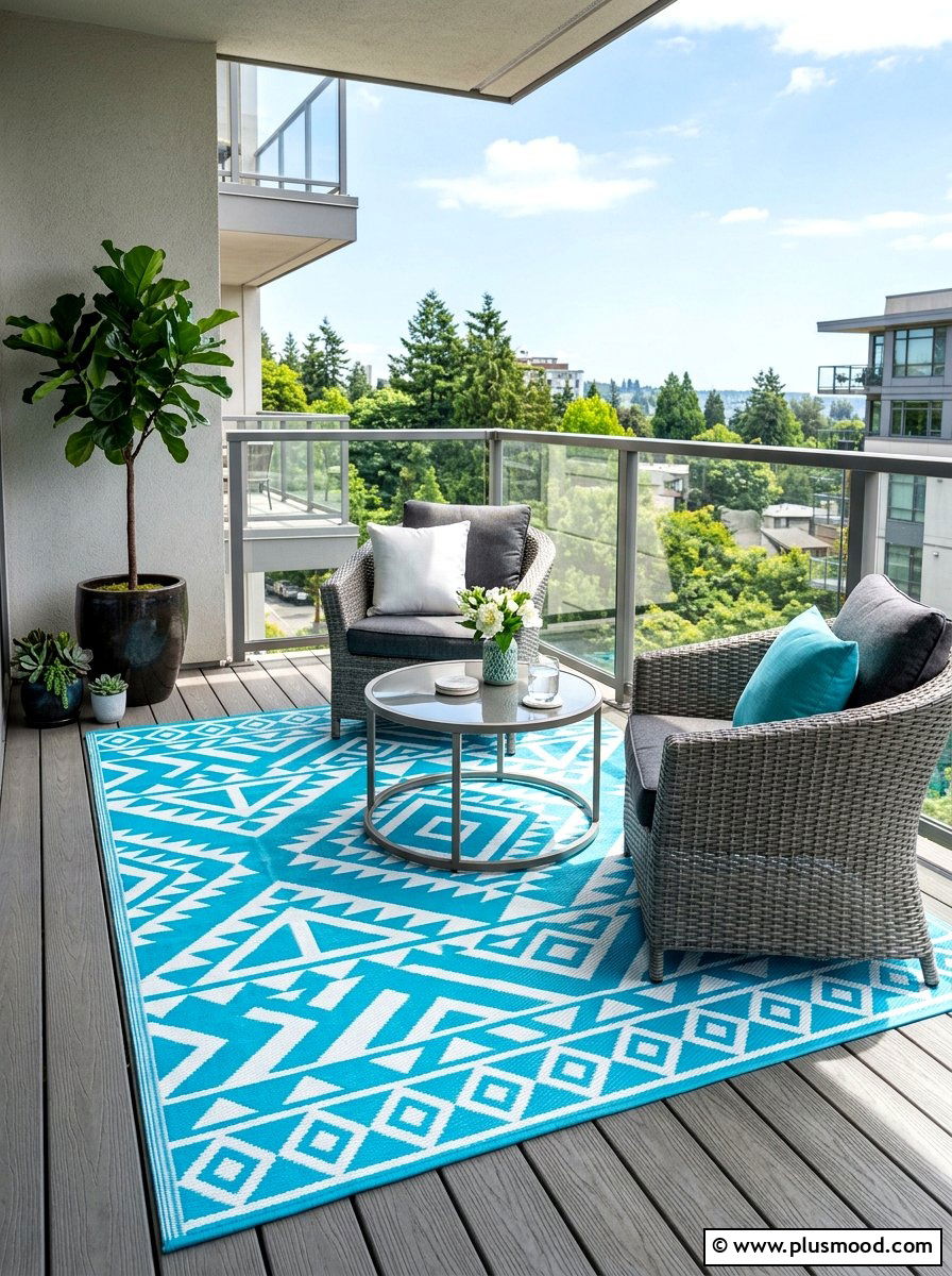 Patterned outdoor rug - 25 summer balcony floor decor ideas