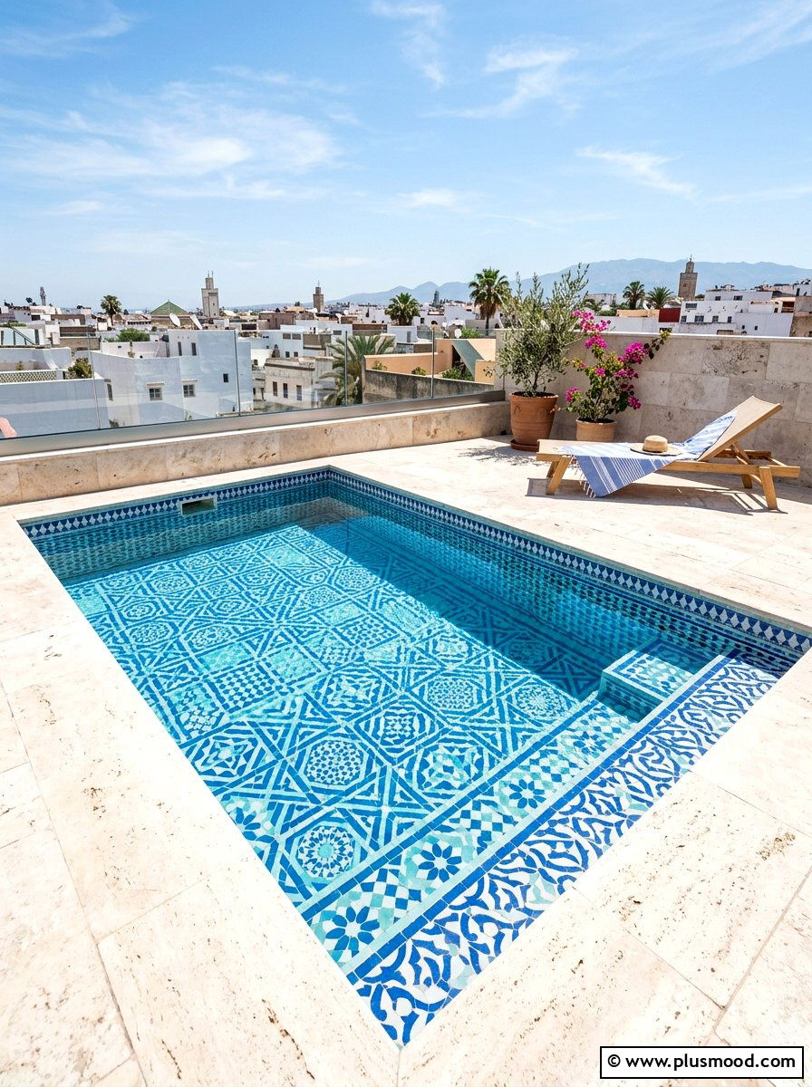 Patterned pool tiles - 25 pool landscaping ideas for rooftop pools