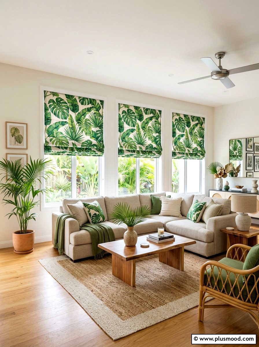 Patterned roman shades - 25 summer window decor ideas for living room