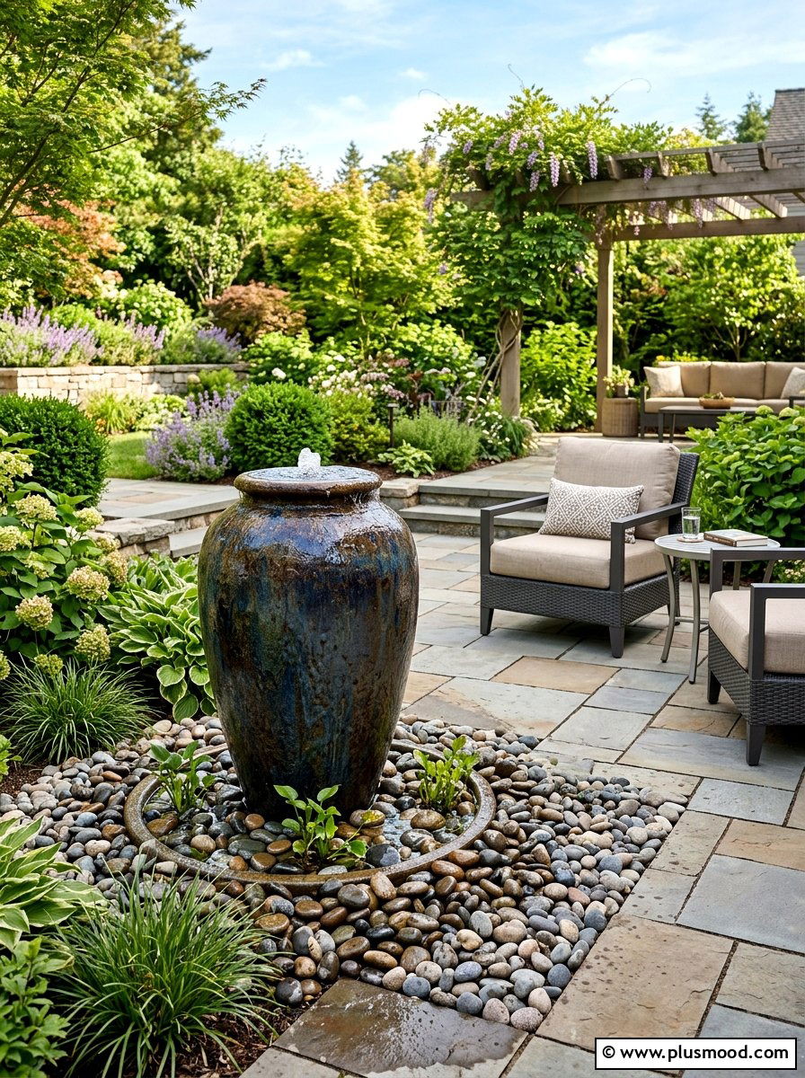 Paver Patio With Bubbling Urn - 25 small backyard ideas with fountain