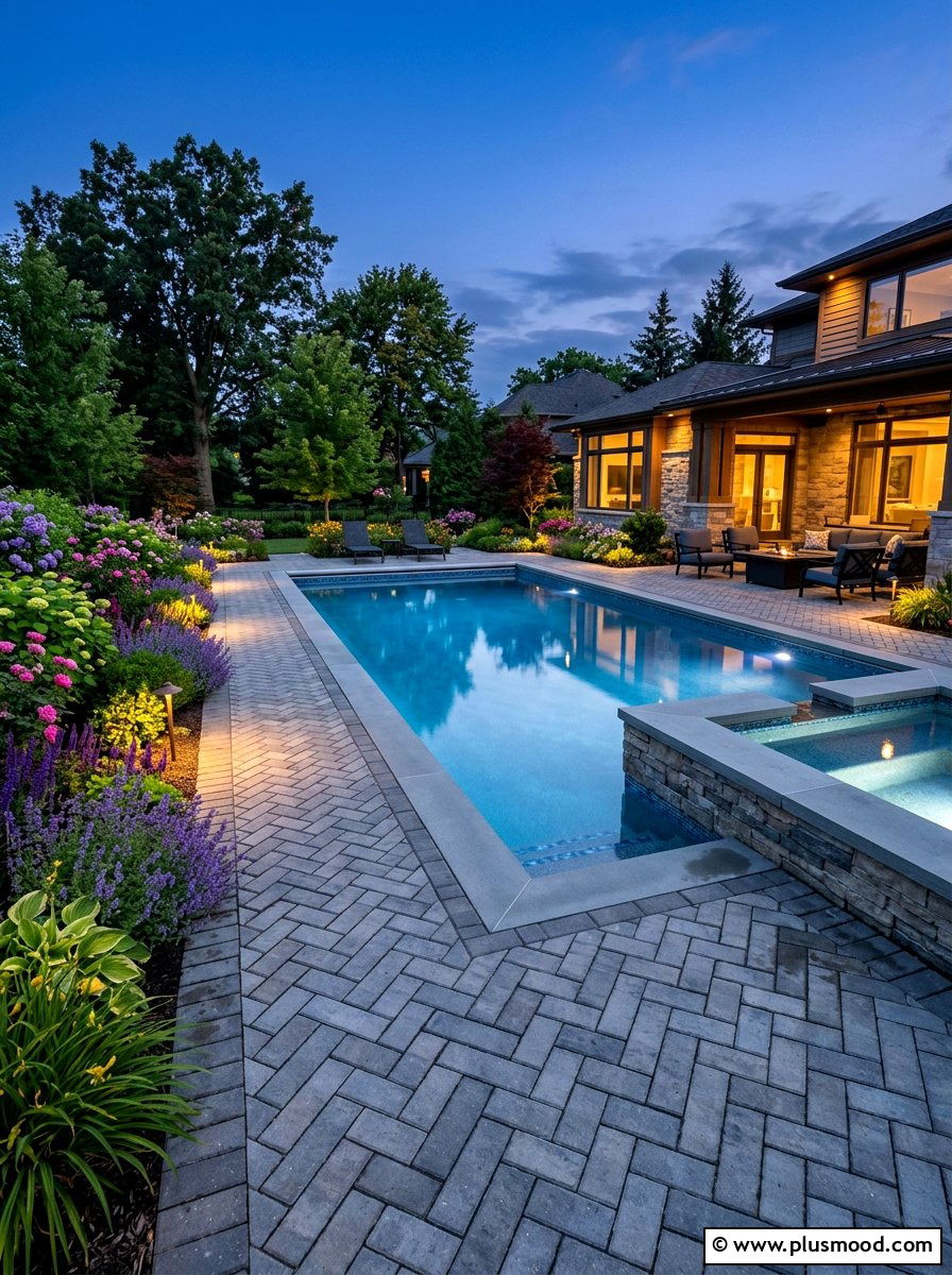 Paver Pool Surround - 25 pool landscaping ideas with lighting