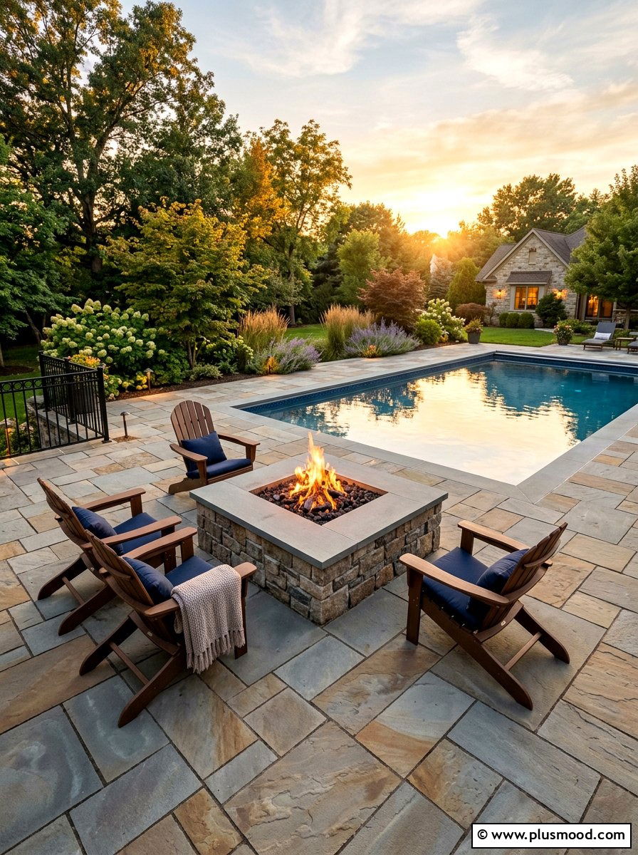 Paver patio pool fire pit - 25 pool landscaping ideas with fire feature