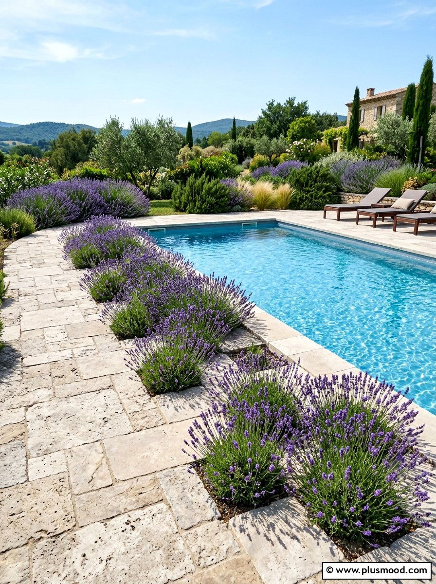 Paver pool deck with lavender - 25 pool landscaping ideas with lavender