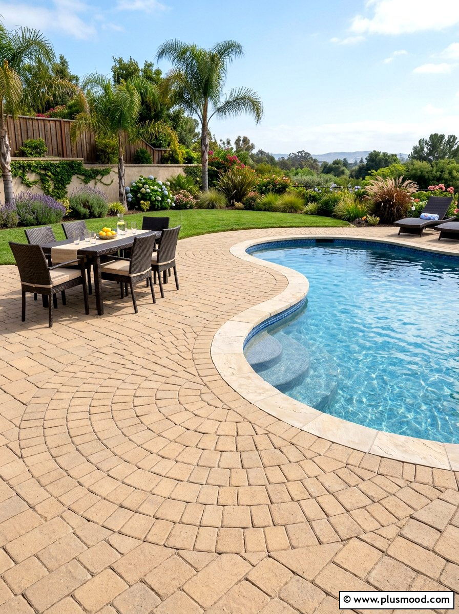 Paver pool deck - 25 pool landscaping ideas with curved edges