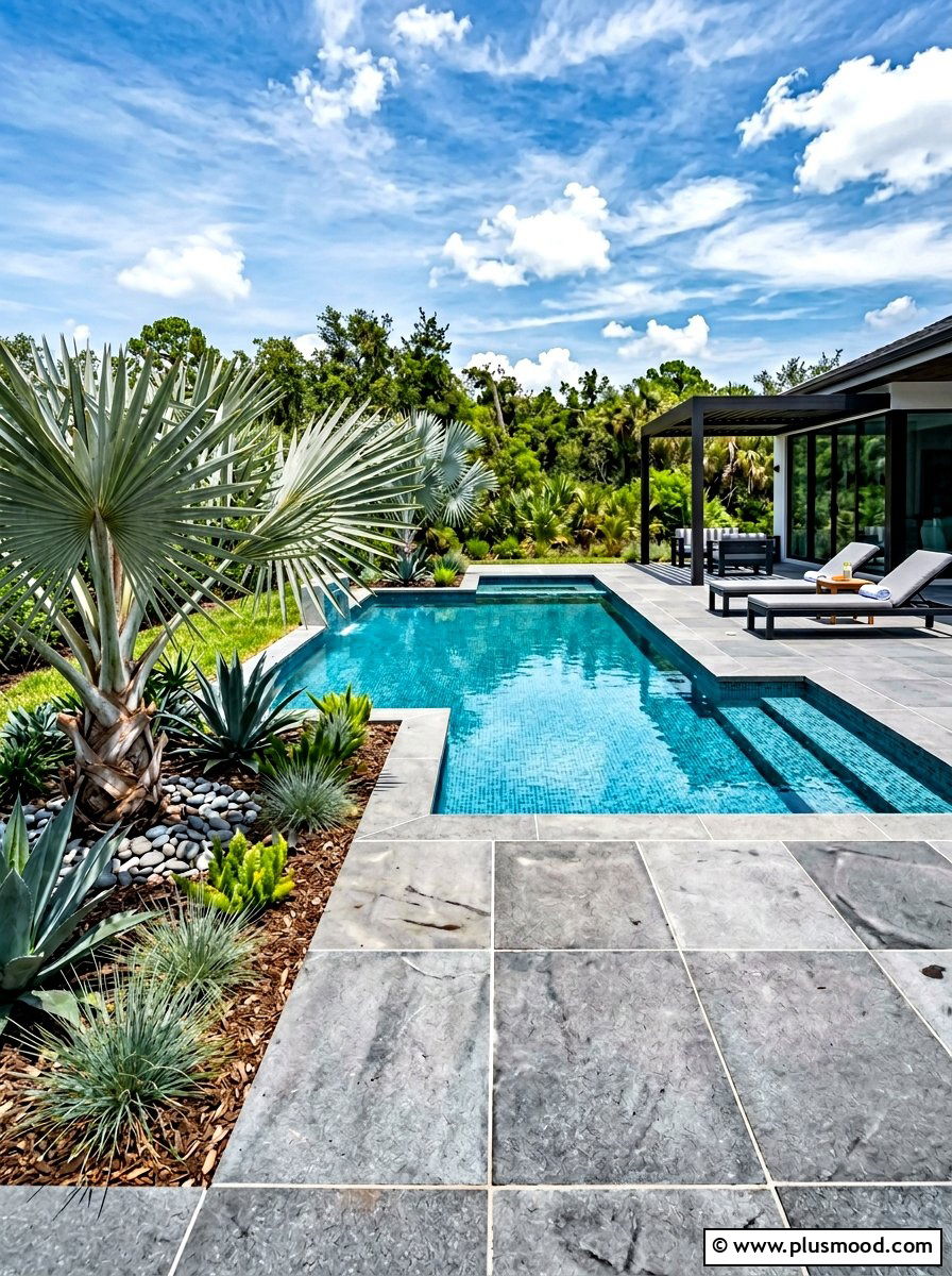 Paver pool patio with silver saw palmettos - 25 summer pool landscaping ideas with palms