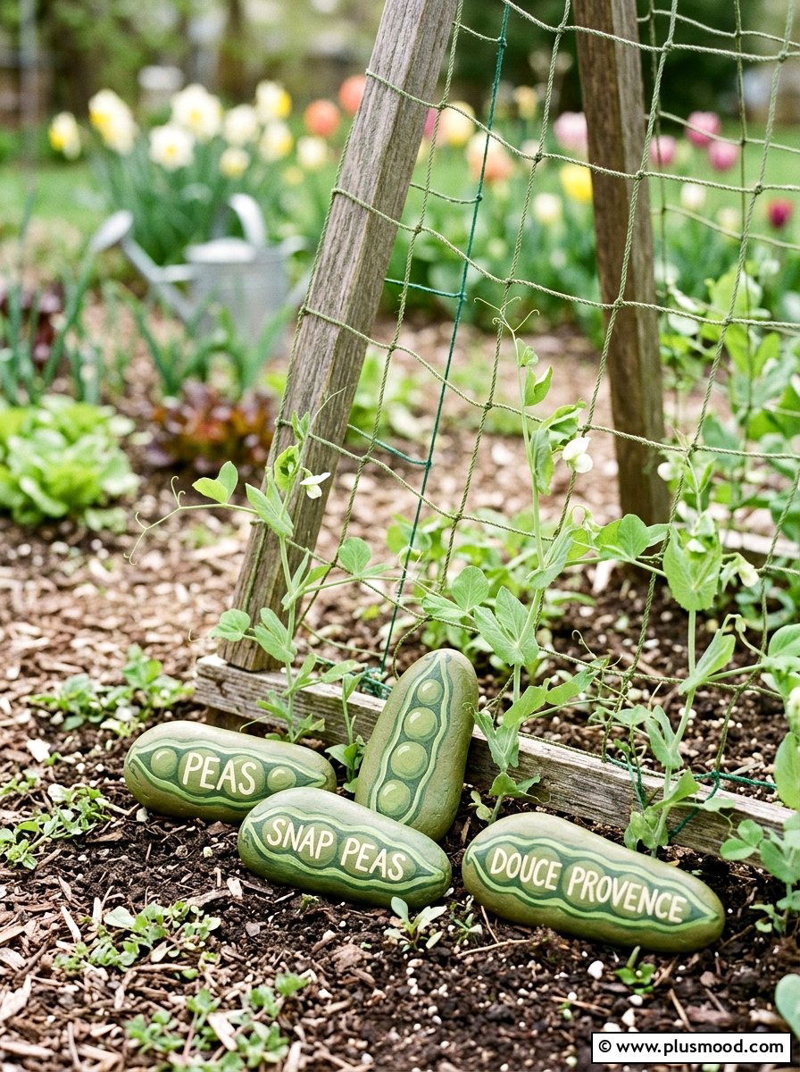Pea pod rock markers - 25 painted rock ideas with vegetable garden labels