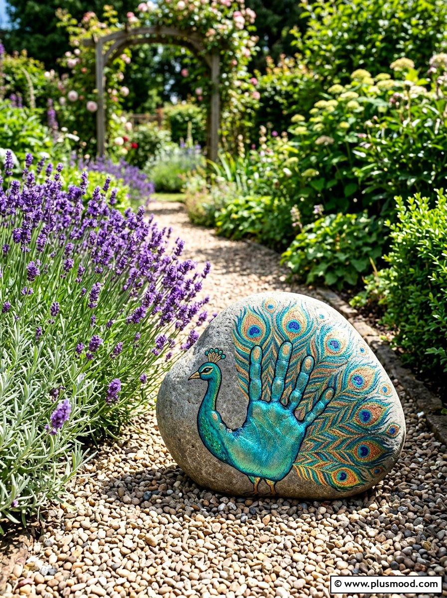 Peacock Handprint Garden Stone - 25 painted rock ideas with handprint art
