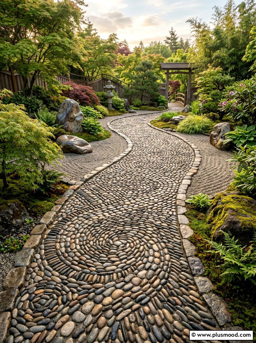 Pebble Mosaic Path - 25 small backyard ideas with curved path