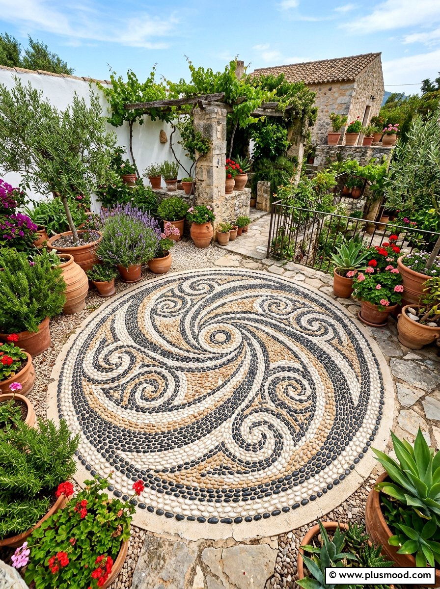 Pebble Mosaic Surface - 25 small backyard ideas with rock garden