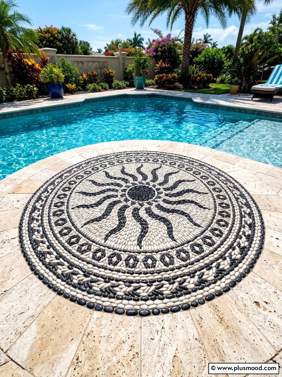 Pebble mosaic inlay - 25 summer pool landscaping ideas with rocks