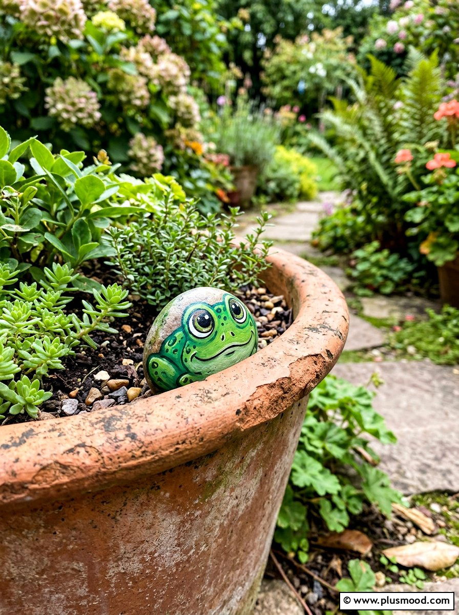 Peeking frog rock painting - 25 painted rock ideas with frog art