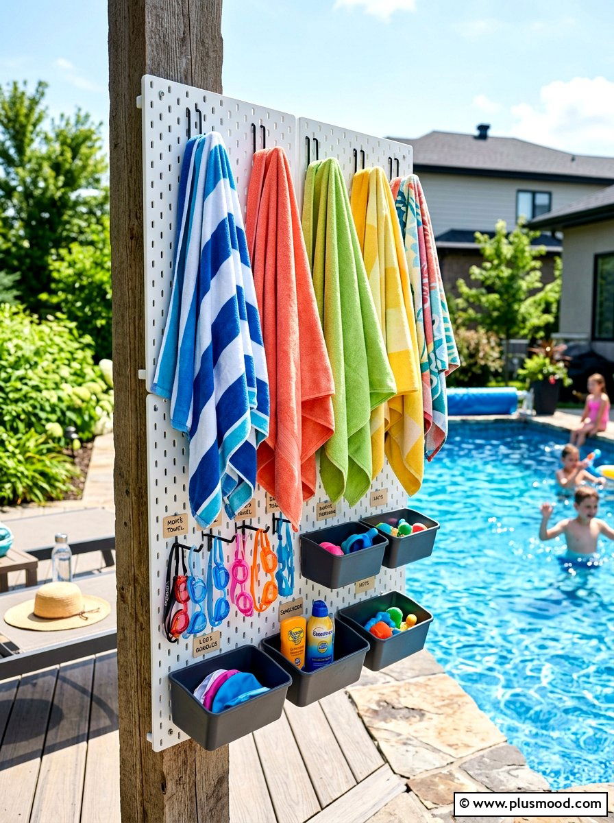 Pegboard Pool Towel Organizer - 25 summer towel station ideas for pool area
