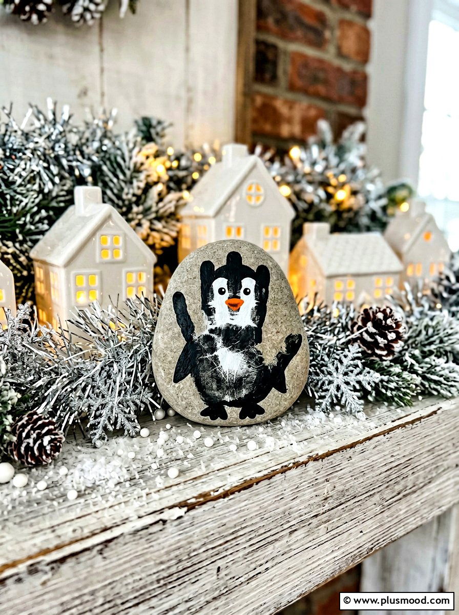 Penguin Handprint Rock - 25 painted rock ideas with handprint art