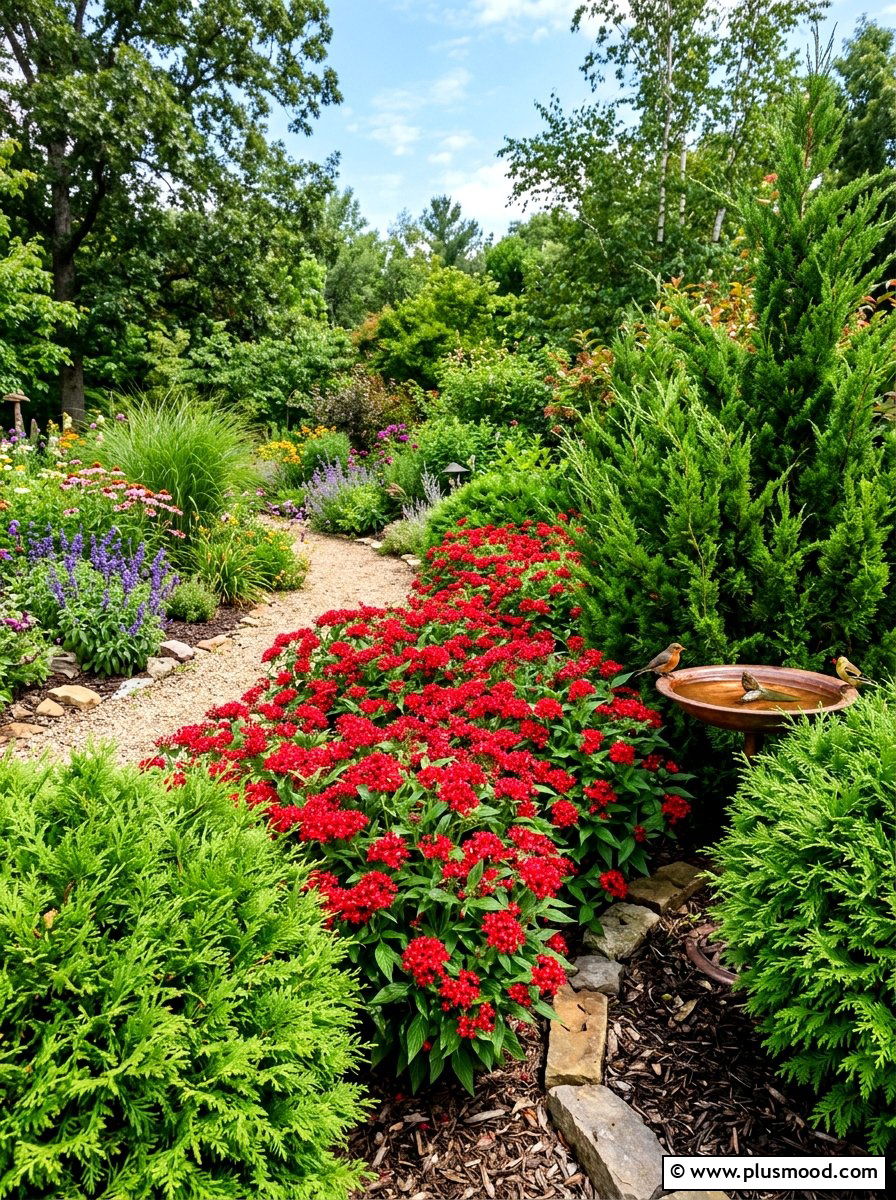 Pentas and cypress display - 25 summer evergreen and flower mix ideas